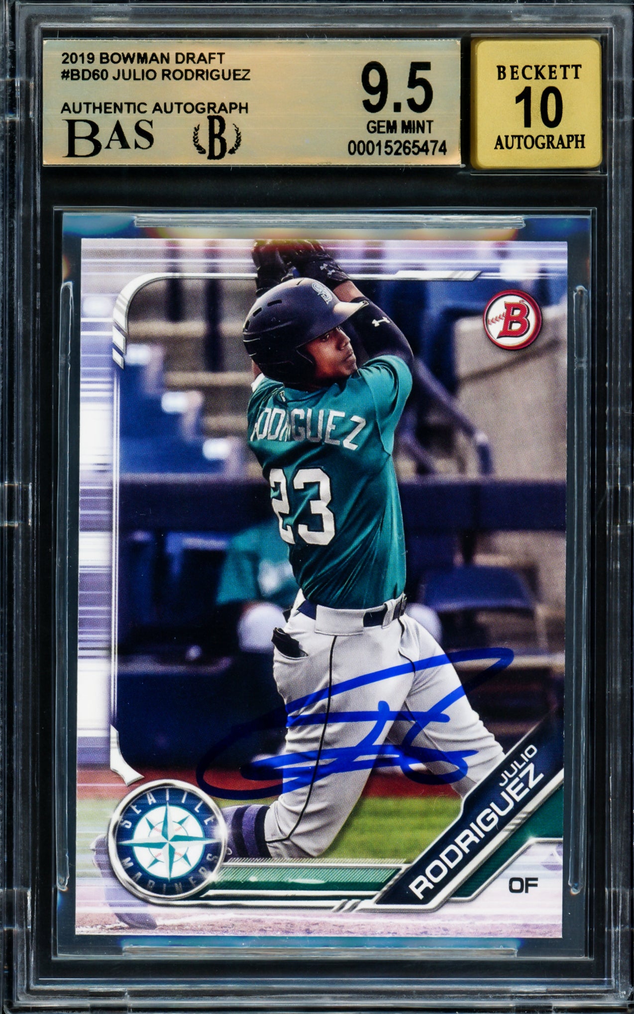 Julio Rodriguez Autographed 2019 Bowman Draft Rookie Card #BD60 Seattle Mariners BGS 9.5 Auto Grade Gem Mint 10 Beckett BAS Stock #211844