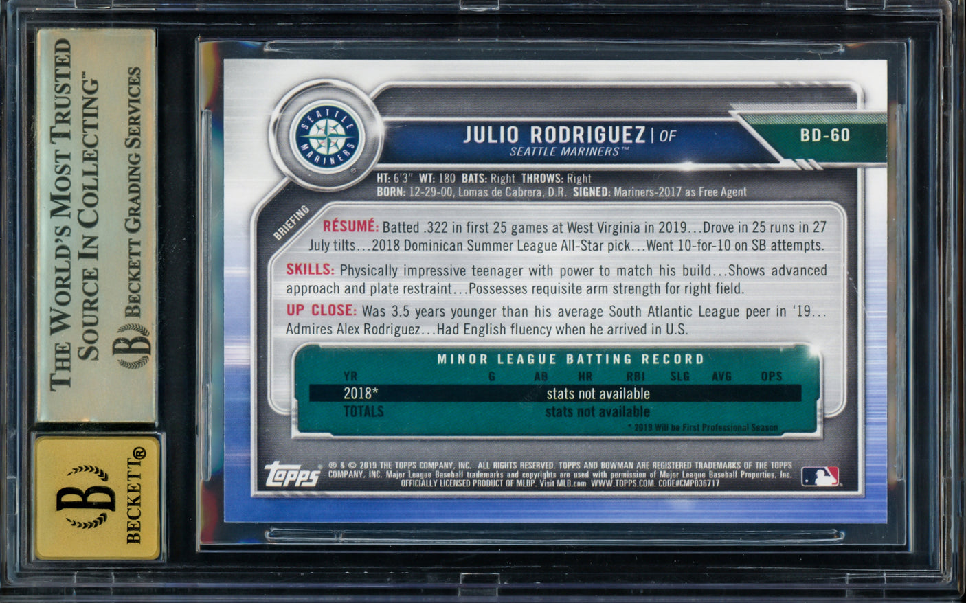Julio Rodriguez Autographed 2019 Bowman Draft Rookie Card #BD60 Seattle Mariners BGS 9.5 Auto Grade Gem Mint 10 Beckett BAS Stock #211844
