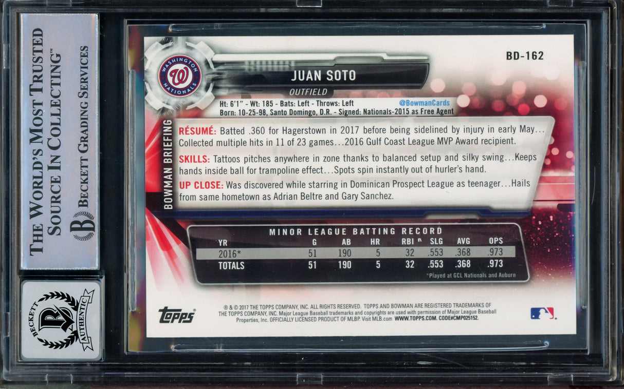 Juan Soto Autographed 2017 Bowman Draft Rookie Card #BD162 New York Yankees BGS 9 Auto Grade Gem Mint 10 Beckett BAS Stock #211849