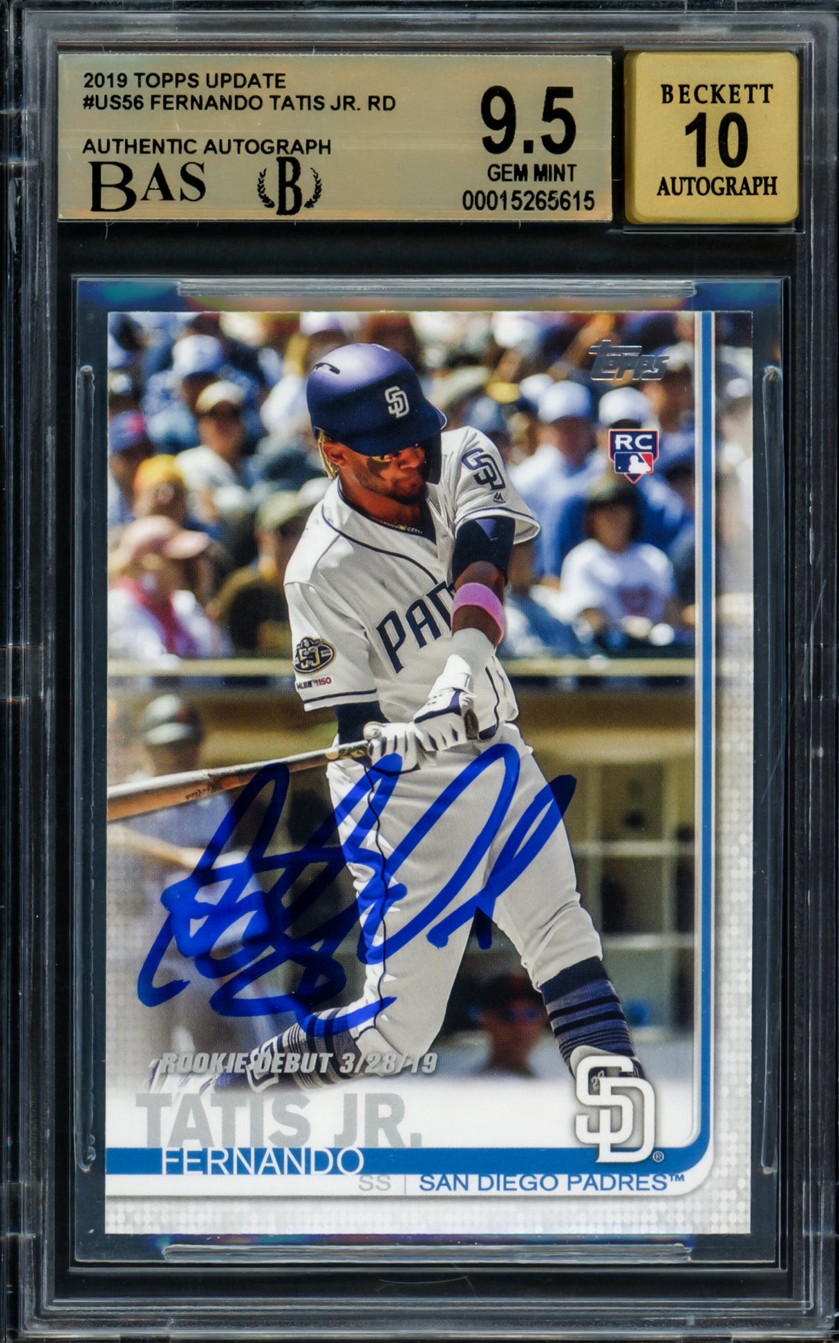 Fernando Tatis Jr Autographed 2019 Topps Update Rookie Card #US56 San Diego Padres BGS 9.5 Auto Grade Gem Mint 10 Beckett BAS Stock #211852