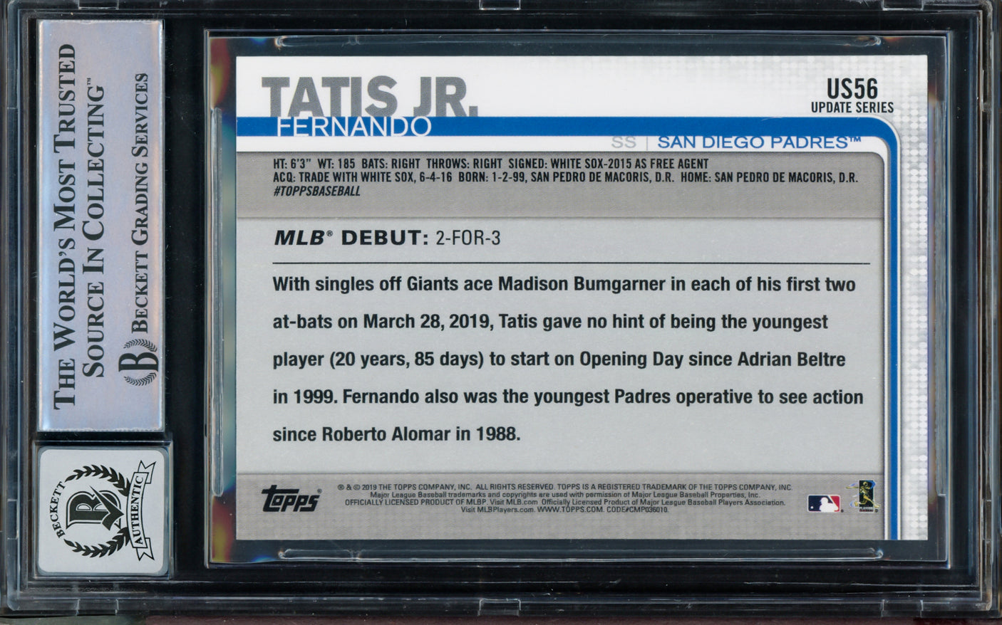Fernando Tatis Jr Autographed 2019 Topps Update Rookie Card #US56 San Diego Padres BGS 9 Auto Grade Gem Mint 10 Beckett BAS Stock #211853