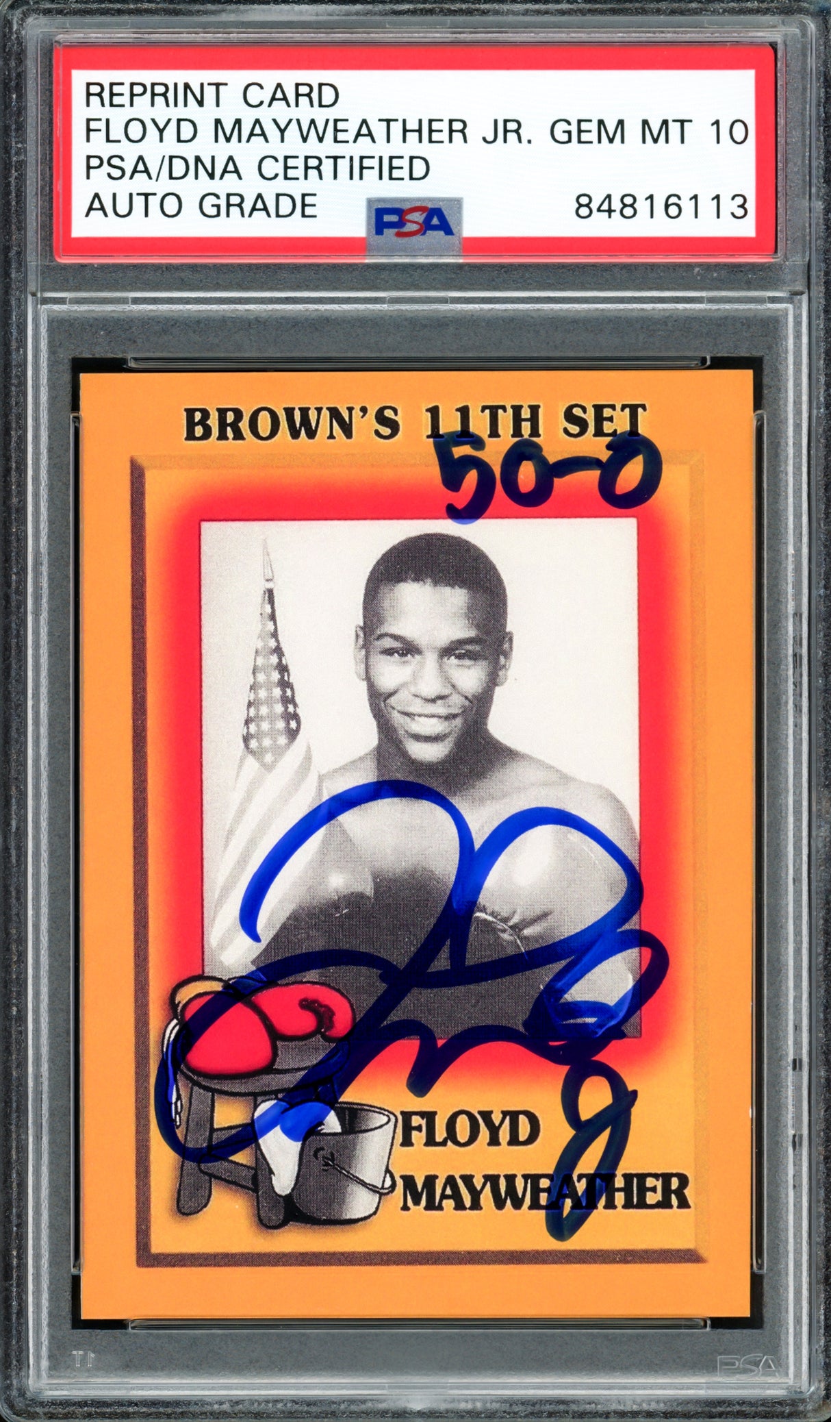 Floyd Mayweather Jr Autographed 1997 Brown's Boxing Rookie Retro Reprint Rookie Card #51 Auto Grade Gem Mint 10 "50-0" PSA/DNA Stock #211854