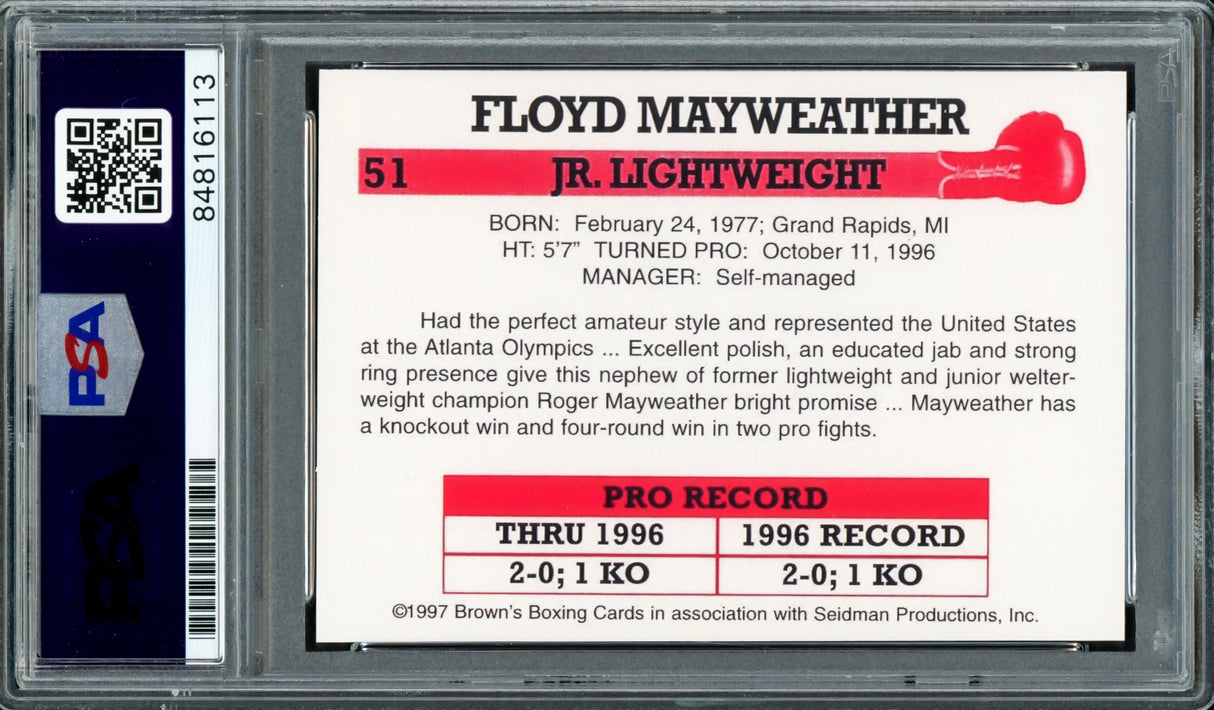 Floyd Mayweather Jr Autographed 1997 Brown's Boxing Rookie Retro Reprint Rookie Card #51 Auto Grade Gem Mint 10 "50-0" PSA/DNA Stock #211854
