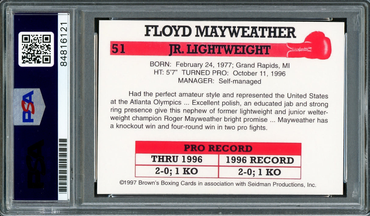 Floyd Mayweather Jr Autographed 1997 Brown's Boxing Rookie Retro Reprint Rookie Card #51 Auto Grade Gem Mint 10 "TBE" The Best Ever PSA/DNA Stock #211855