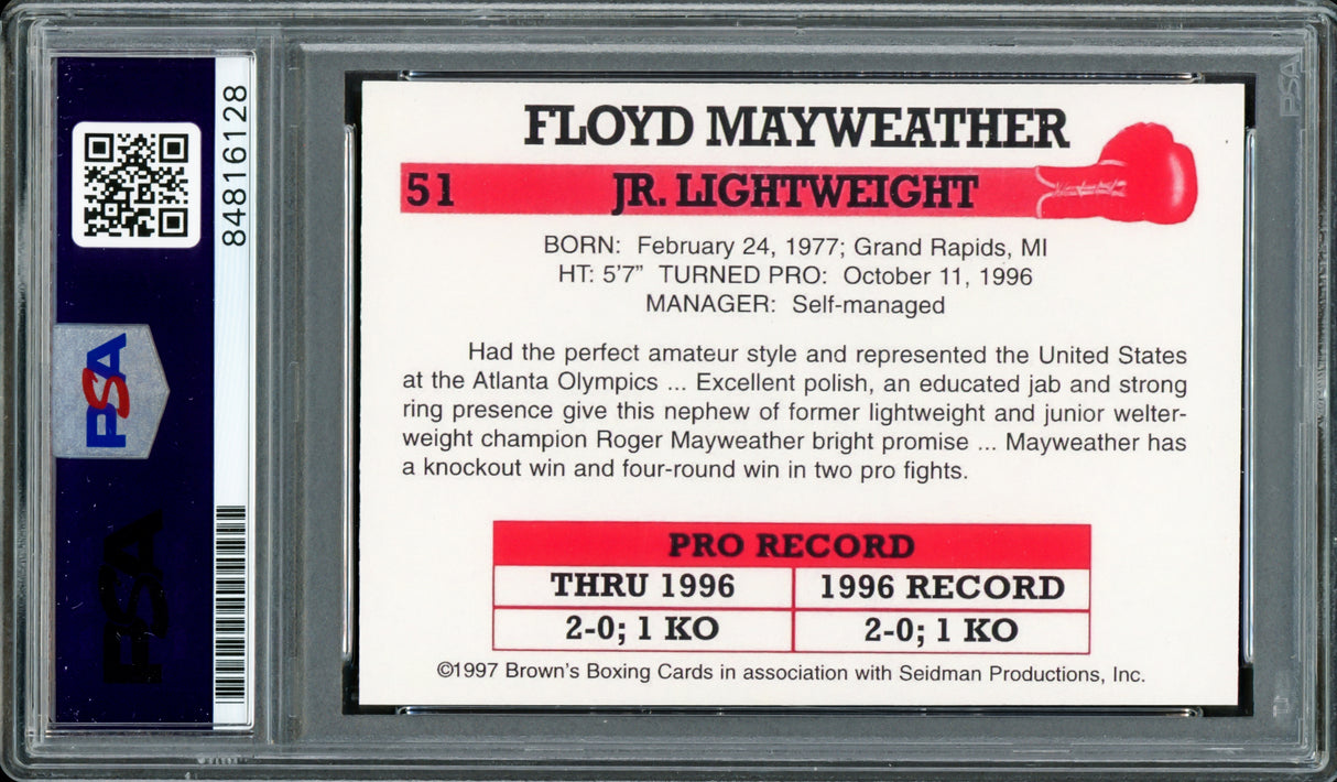 Floyd Mayweather Jr Autographed 1997 Brown's Boxing Rookie Retro Reprint Rookie Card #51 Auto Grade Gem Mint 10 "TMT" The Money Team PSA/DNA Stock #211856