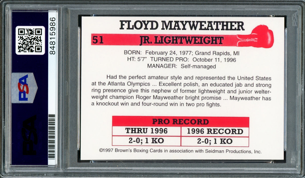 Floyd Mayweather Jr Autographed 1997 Brown's Boxing Rookie Retro Reprint Rookie Card #51 Auto Grade Gem Mint 10 "$" Money PSA/DNA Stock #211857