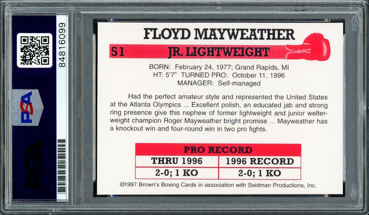 Floyd Mayweather Jr Autographed 1997 Brown's Boxing Rookie Retro Reprint Rookie Card #51 Auto Grade Gem Mint 10 PSA/DNA Stock #211858