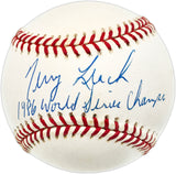 Terry Leach Autographed Official NL Baseball New York Mets "1986 World Series Champs" Beckett BAS QR #BN14965
