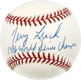Terry Leach Autographed Official NL Baseball New York Mets "1986 World Series Champs" Beckett BAS QR #BN14965