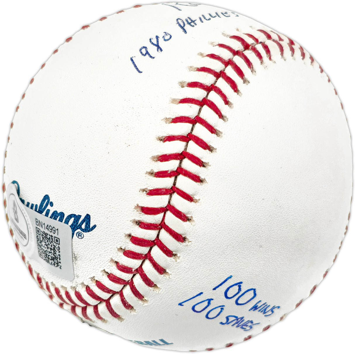 Ron Reed Autographed Official MLB Baseball Philadelphia Phillies "1980 Phillies World Champs 100 wins 100 saves" Beckett BAS QR #BN14991