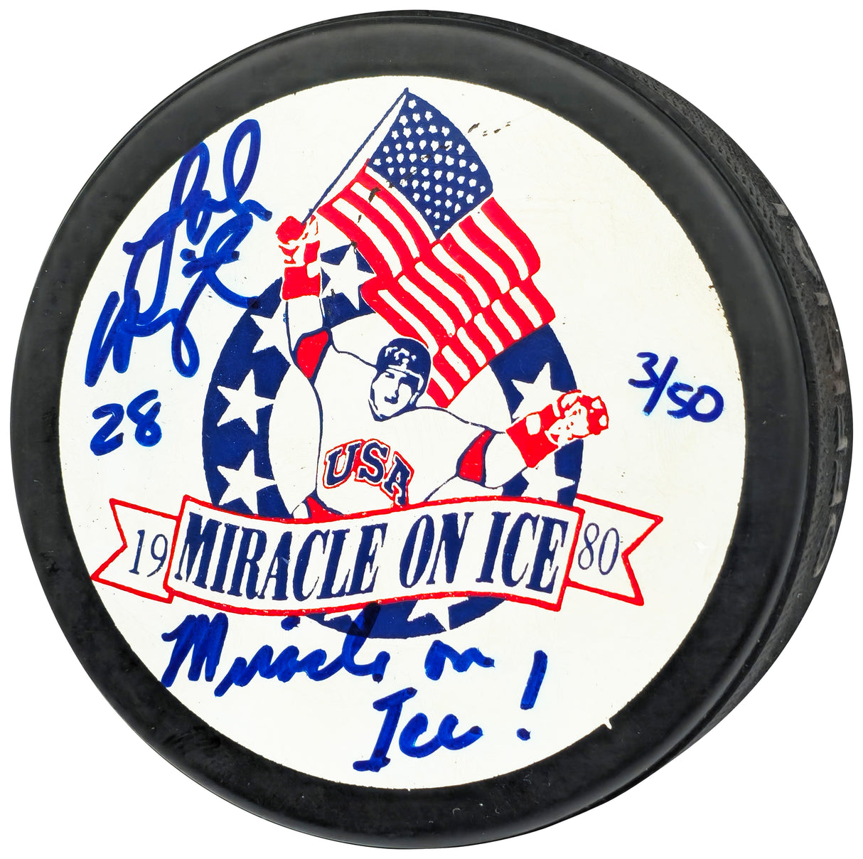 John Harrington Autographed 1980 Miracle on Ice Logo Hockey Puck Team USA "Miracle on Ice!" #3/50 Beckett BAS QR #BN93404