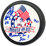 John Harrington Autographed 1980 Miracle on Ice Logo Hockey Puck Team USA "Miracle on Ice!" #3/50 Beckett BAS QR #BN93404