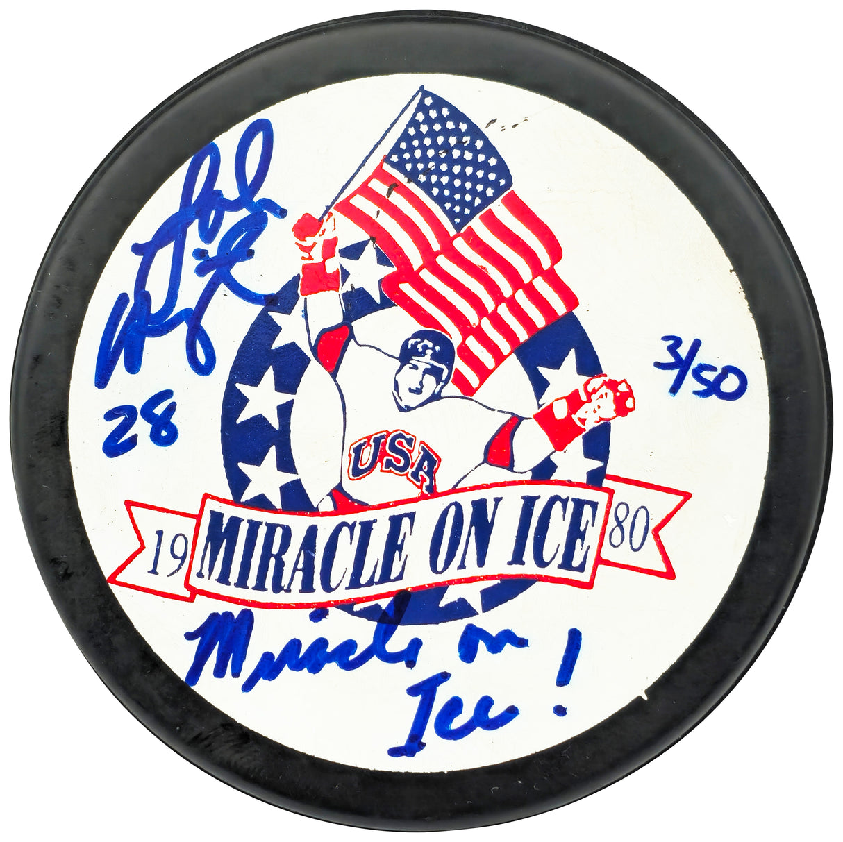 John Harrington Autographed 1980 Miracle on Ice Logo Hockey Puck Team USA "Miracle on Ice!" #3/50 Beckett BAS QR #BN93404