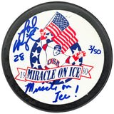 John Harrington Autographed 1980 Miracle on Ice Logo Hockey Puck Team USA "Miracle on Ice!" #3/50 Beckett BAS QR #BN93404