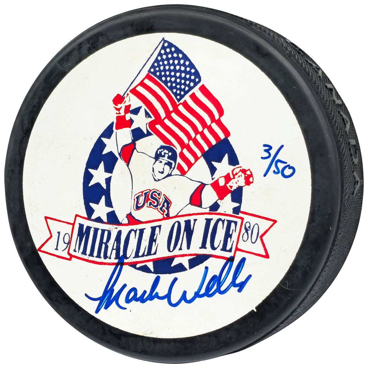 Mark Wells Autographed 1980 Miracle on Ice Logo Hockey Puck Team USA #3/50 Beckett BAS QR #BN93398