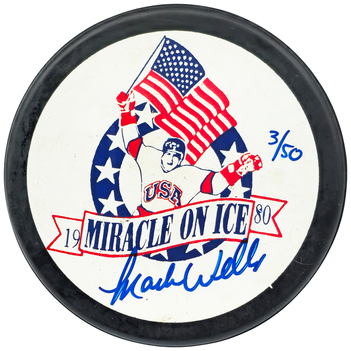 Mark Wells Autographed 1980 Miracle on Ice Logo Hockey Puck Team USA #3/50 Beckett BAS QR #BN93398
