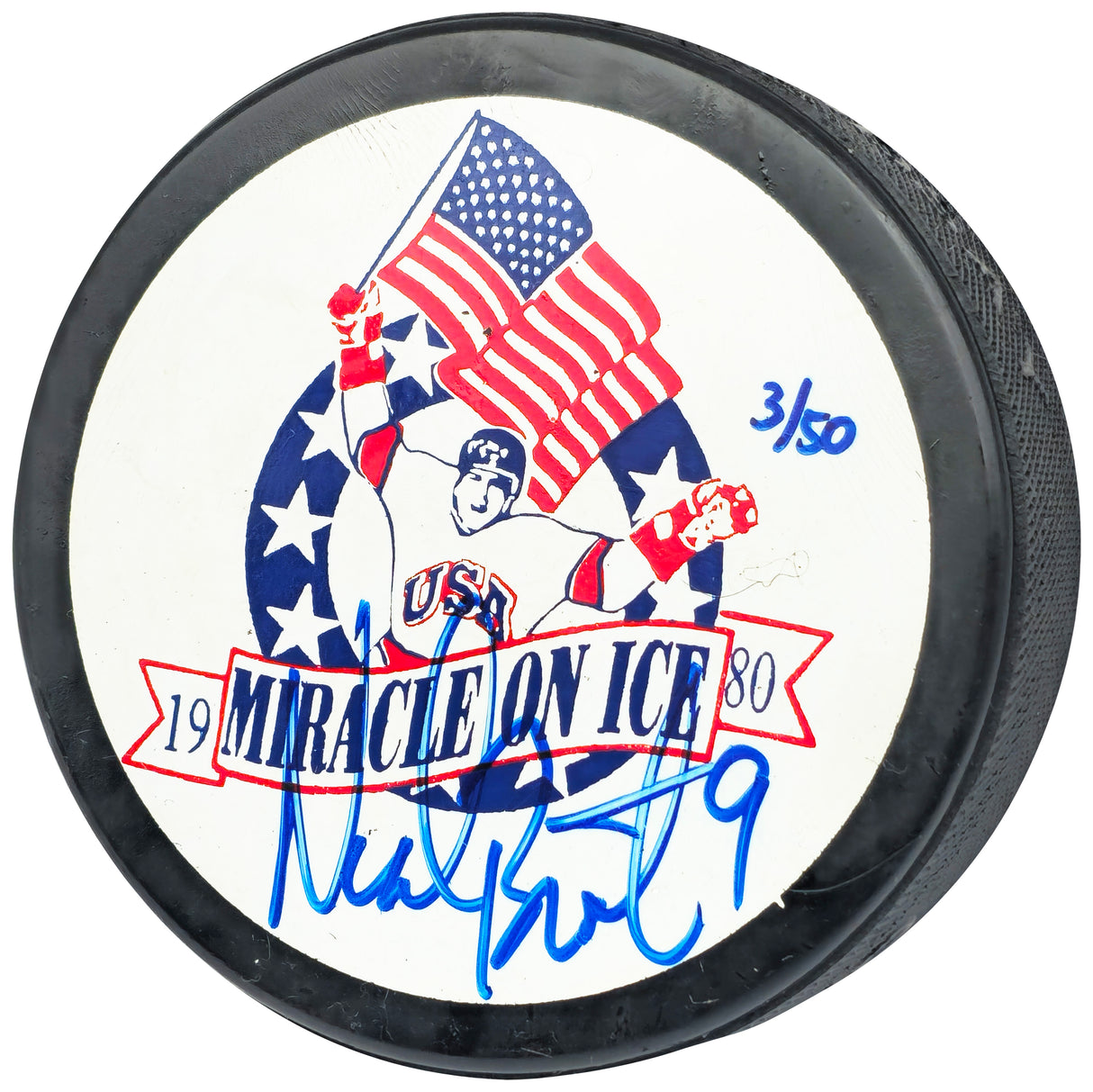 Neal Broten Autographed 1980 Miracle on Ice Logo Hockey Puck Team USA #3/50 Beckett BAS QR #BN93415