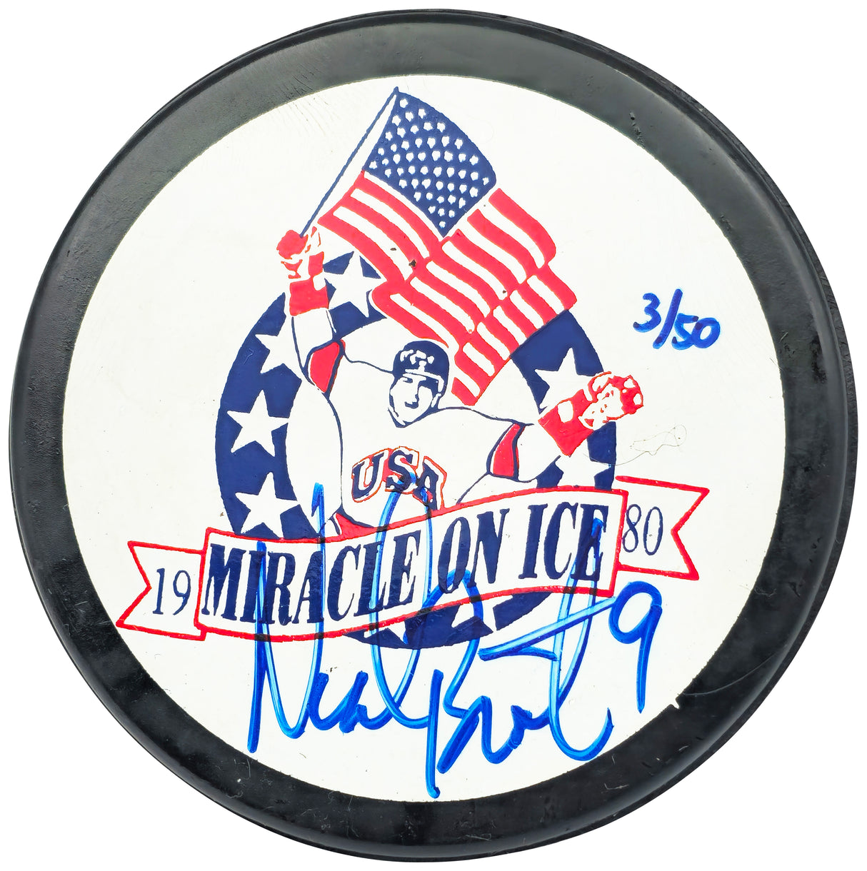 Neal Broten Autographed 1980 Miracle on Ice Logo Hockey Puck Team USA #3/50 Beckett BAS QR #BN93415