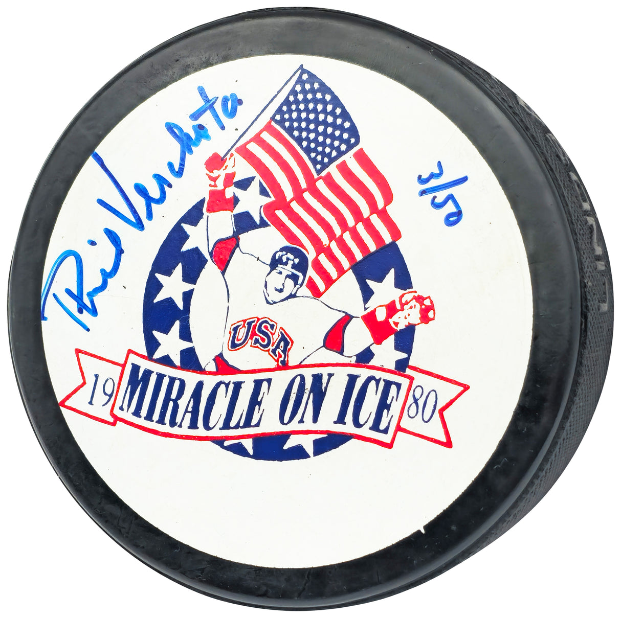 Phil Verchota Autographed 1980 Miracle on Ice Logo Hockey Puck Team USA #3/50 Beckett BAS QR #BN93407