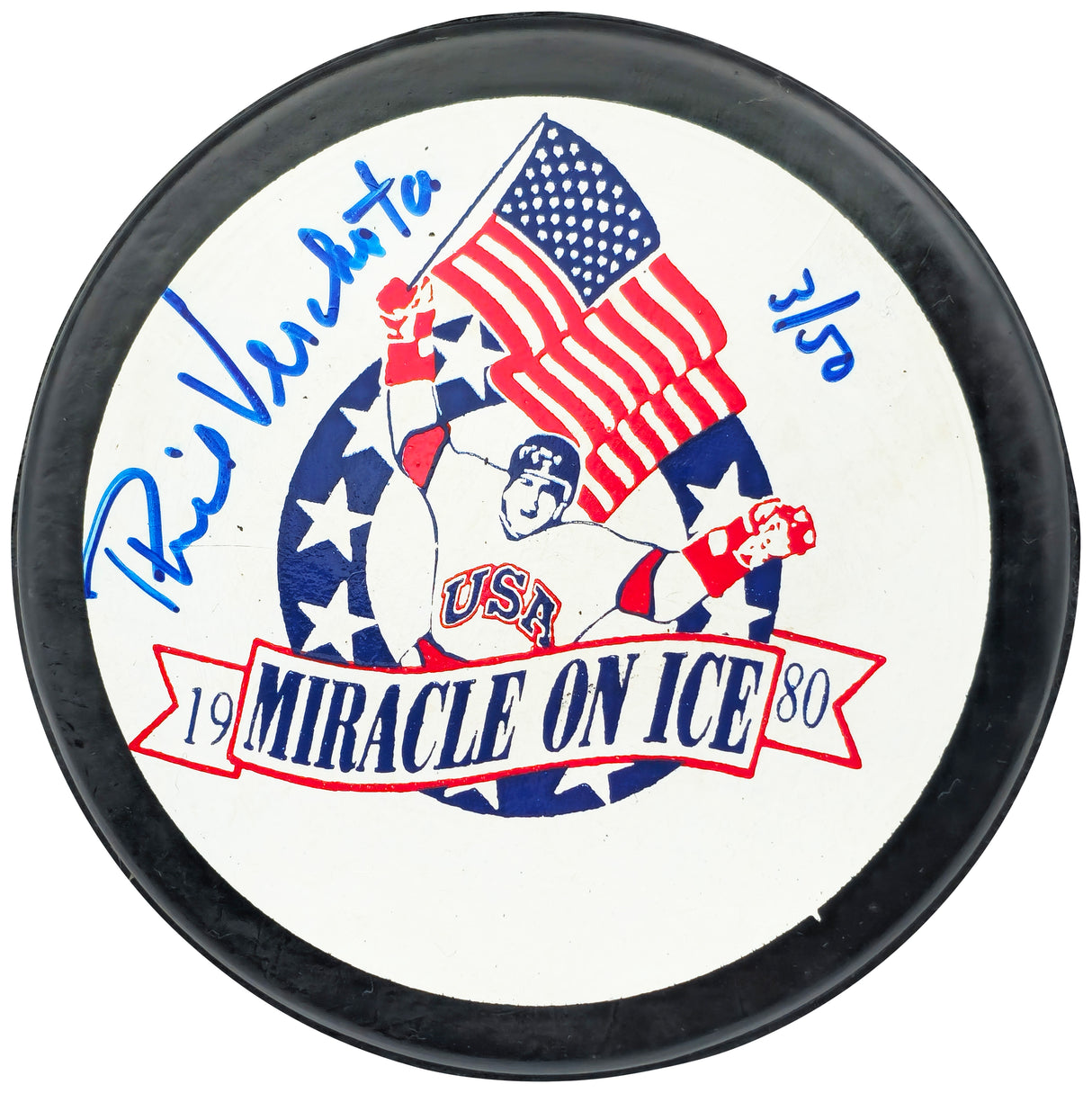 Phil Verchota Autographed 1980 Miracle on Ice Logo Hockey Puck Team USA #3/50 Beckett BAS QR #BN93407