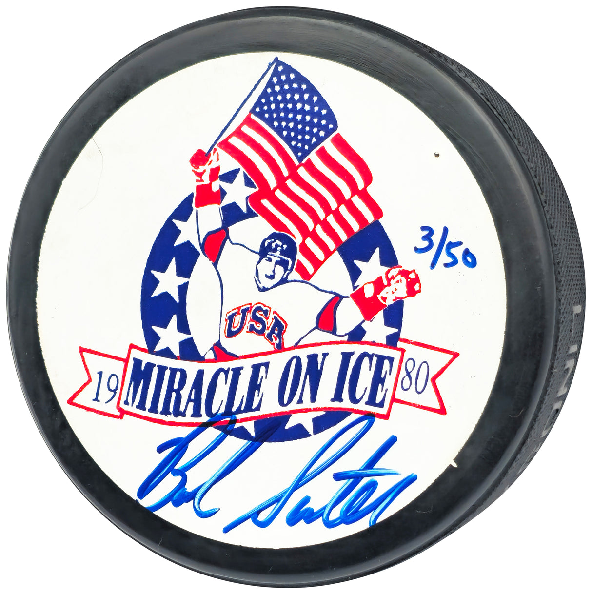 Bob Suter Autographed 1980 Miracle on Ice Logo Hockey Puck Team USA #3/50 Beckett BAS QR #BN93401