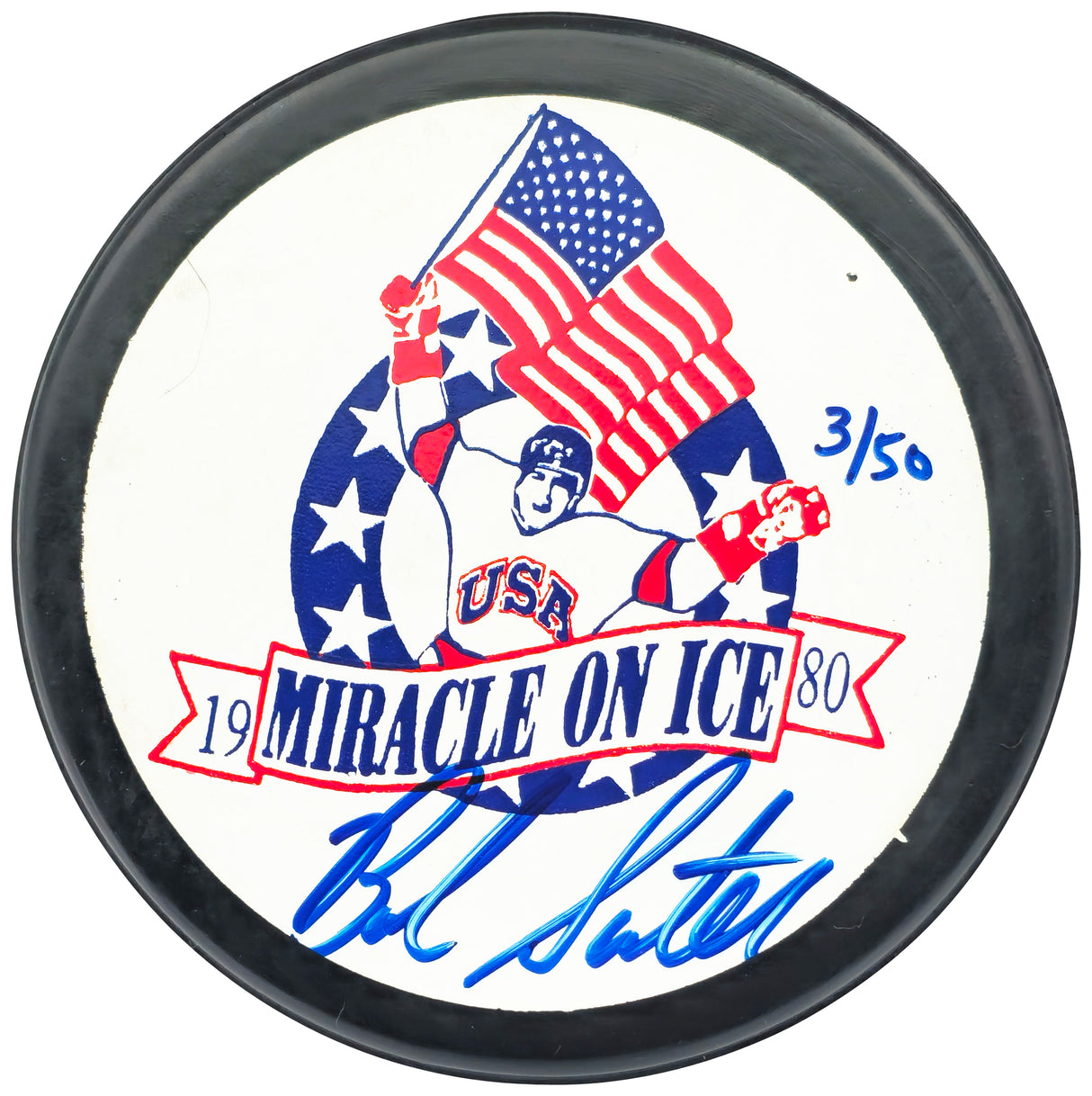 Bob Suter Autographed 1980 Miracle on Ice Logo Hockey Puck Team USA #3/50 Beckett BAS QR #BN93401