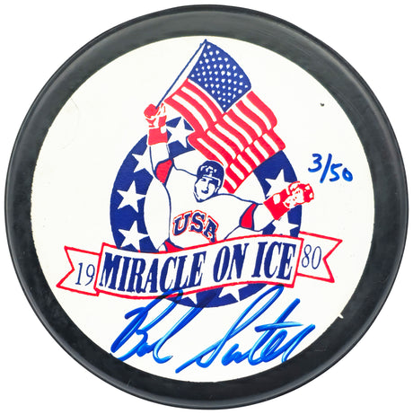 Bob Suter Autographed 1980 Miracle on Ice Logo Hockey Puck Team USA #3/50 Beckett BAS QR #BN93401