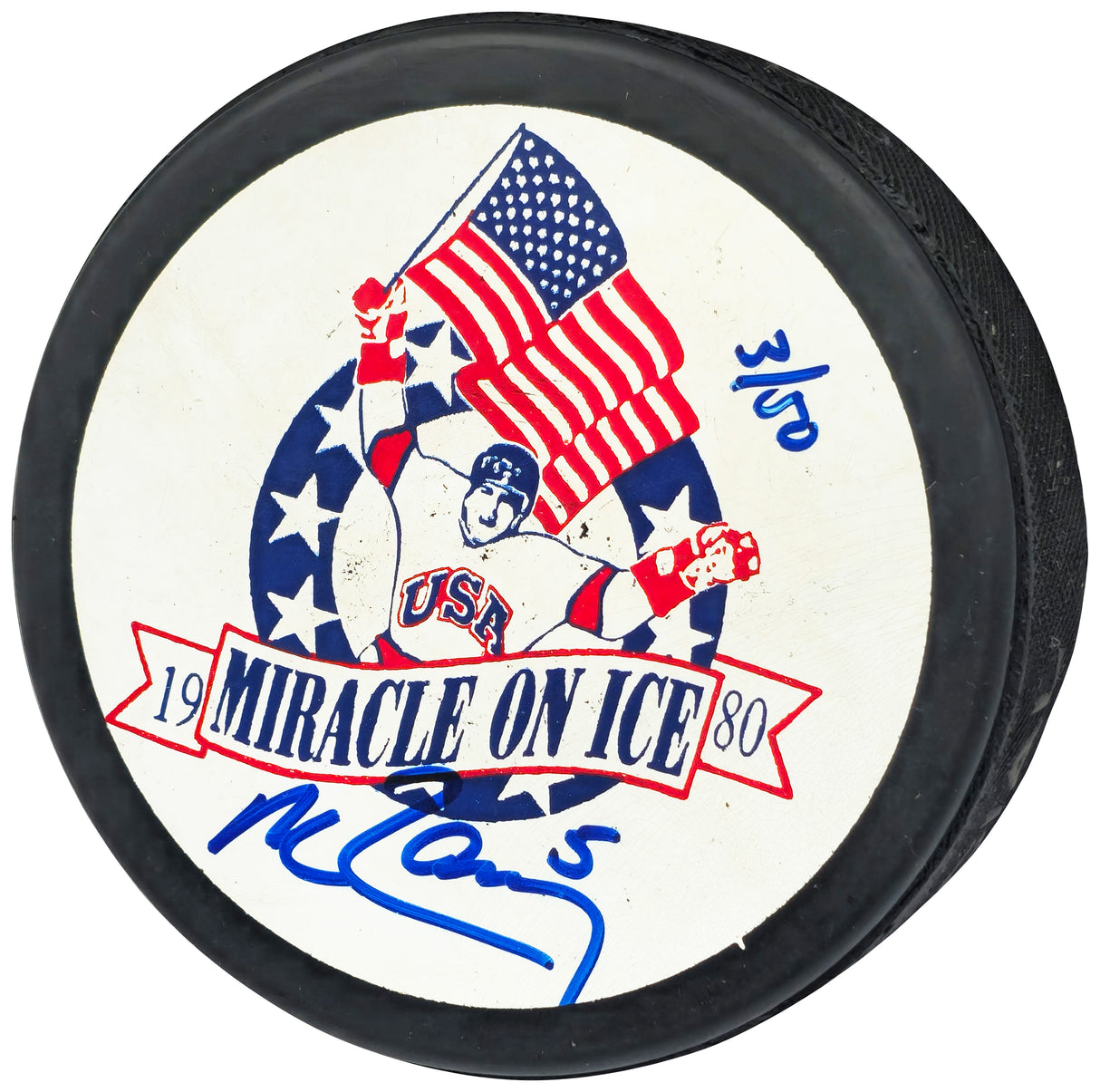 Mike Ramsey Autographed 1980 Miracle on Ice Logo Hockey Puck Team USA #3/50 Beckett BAS QR #BN93416