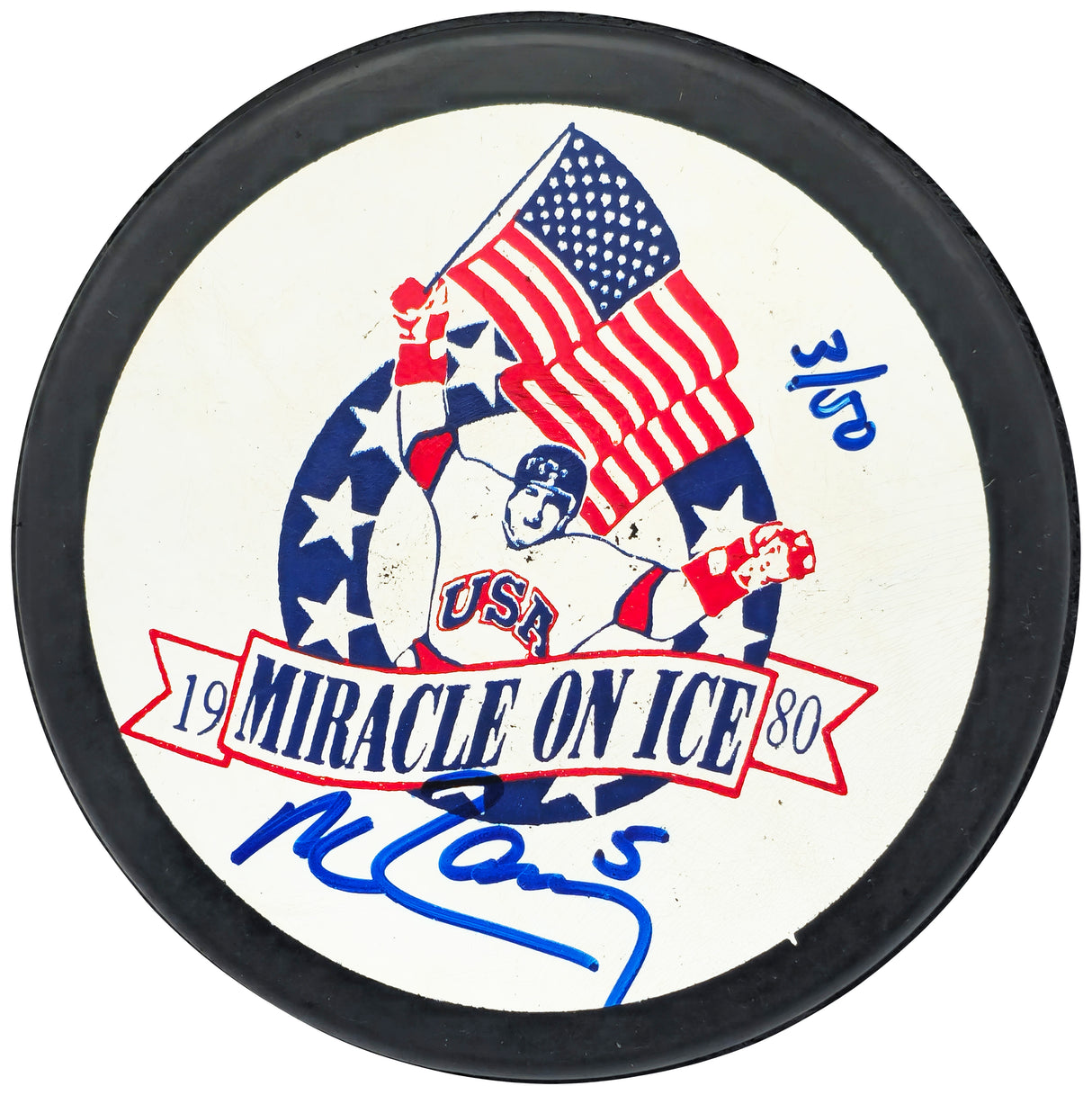 Mike Ramsey Autographed 1980 Miracle on Ice Logo Hockey Puck Team USA #3/50 Beckett BAS QR #BN93416