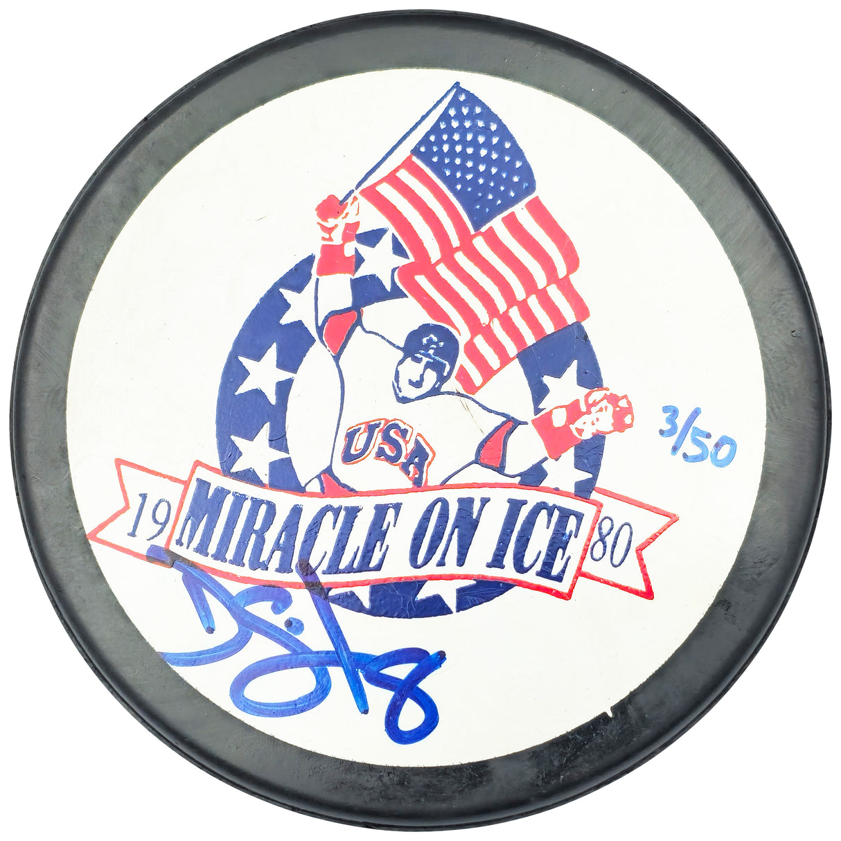 Dave Silk Autographed 1980 Miracle on Ice Logo Hockey Puck Team USA #3/50 Beckett BAS QR #BN93399