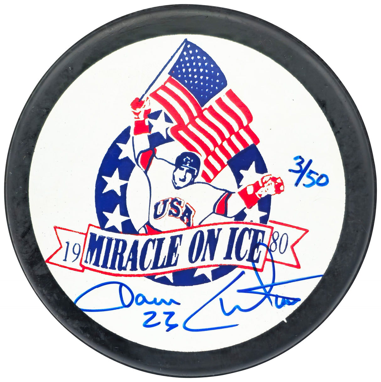Dave Christian Autographed 1980 Miracle on Ice Logo Hockey Puck Team USA #3/50 Beckett BAS QR #BN93403