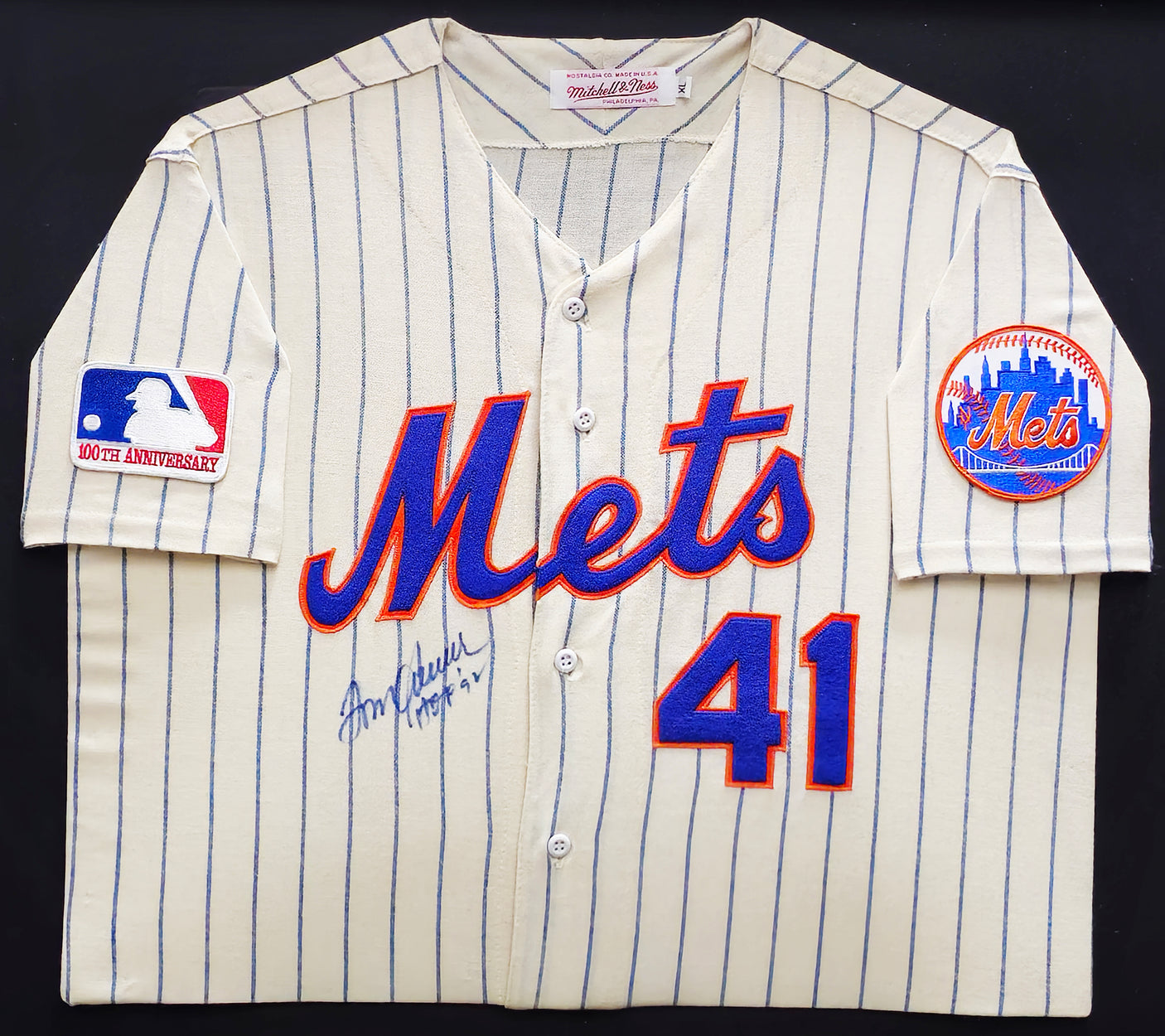 Tom Seaver Autographed Framed Cream Pinstripes 1969 Authentic Mitchell & Ness Jersey New York Mets "HOF 92" 100th Anniversary Patch Size XL Beckett BAS #BK33624