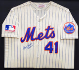 Tom Seaver Autographed Framed Cream Pinstripes 1969 Authentic Mitchell & Ness Jersey New York Mets "HOF 92" 100th Anniversary Patch Size XL Beckett BAS #BK33624