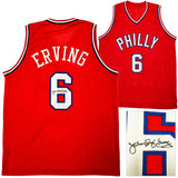 Philadelphia 76ers Julius "Dr. J" Erving Autographed Red Jersey Beckett BAS Witness Stock #222788