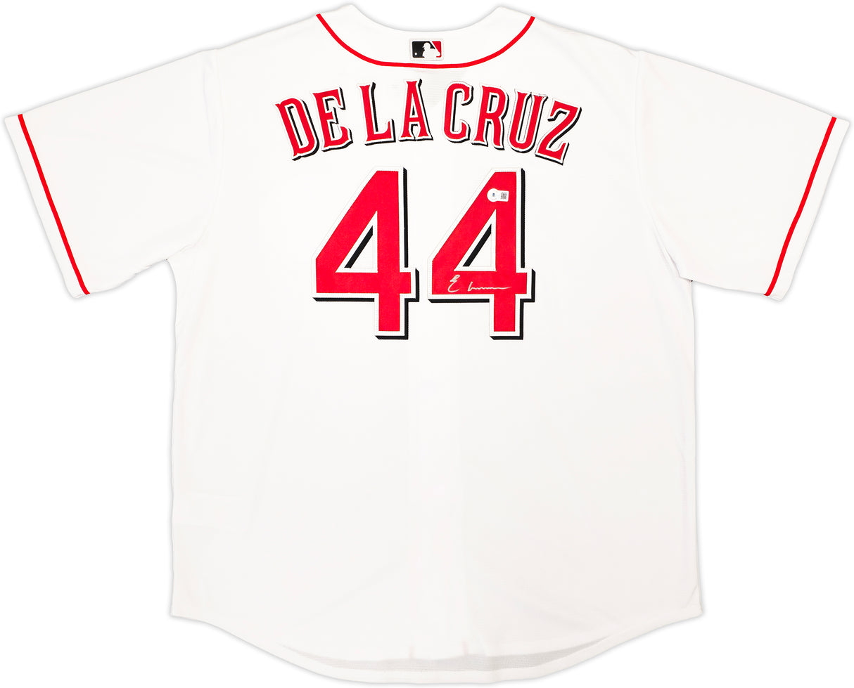 Cincinnati Reds Elly De La Cruz Autographed White Nike Jersey Size XL Beckett BAS Witness Stock #222818