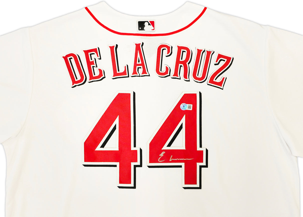 Cincinnati Reds Elly De La Cruz Autographed White Nike Jersey Size XL Beckett BAS Witness Stock #222818