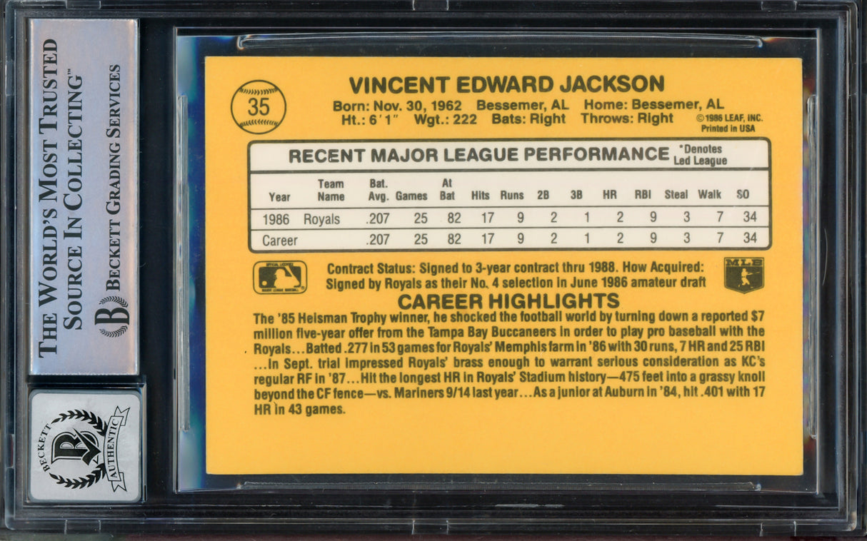 Bo Jackson Autographed 1987 Donruss Rookie Card #35 Kansas City Royals Auto Grade Gem Mint 10 Beckett BAS Stock #211043