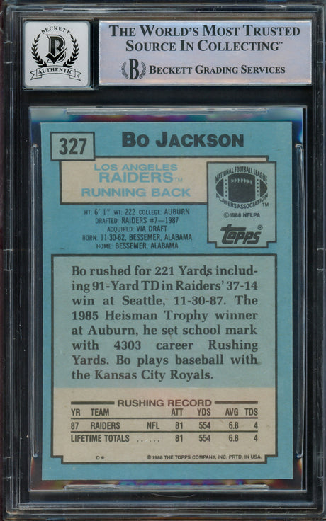 Bo Jackson Autographed 1988 Topps Rookie Card #327 Los Angeles Raiders Auto Grade Gem Mint 10 Beckett BAS Stock #211045