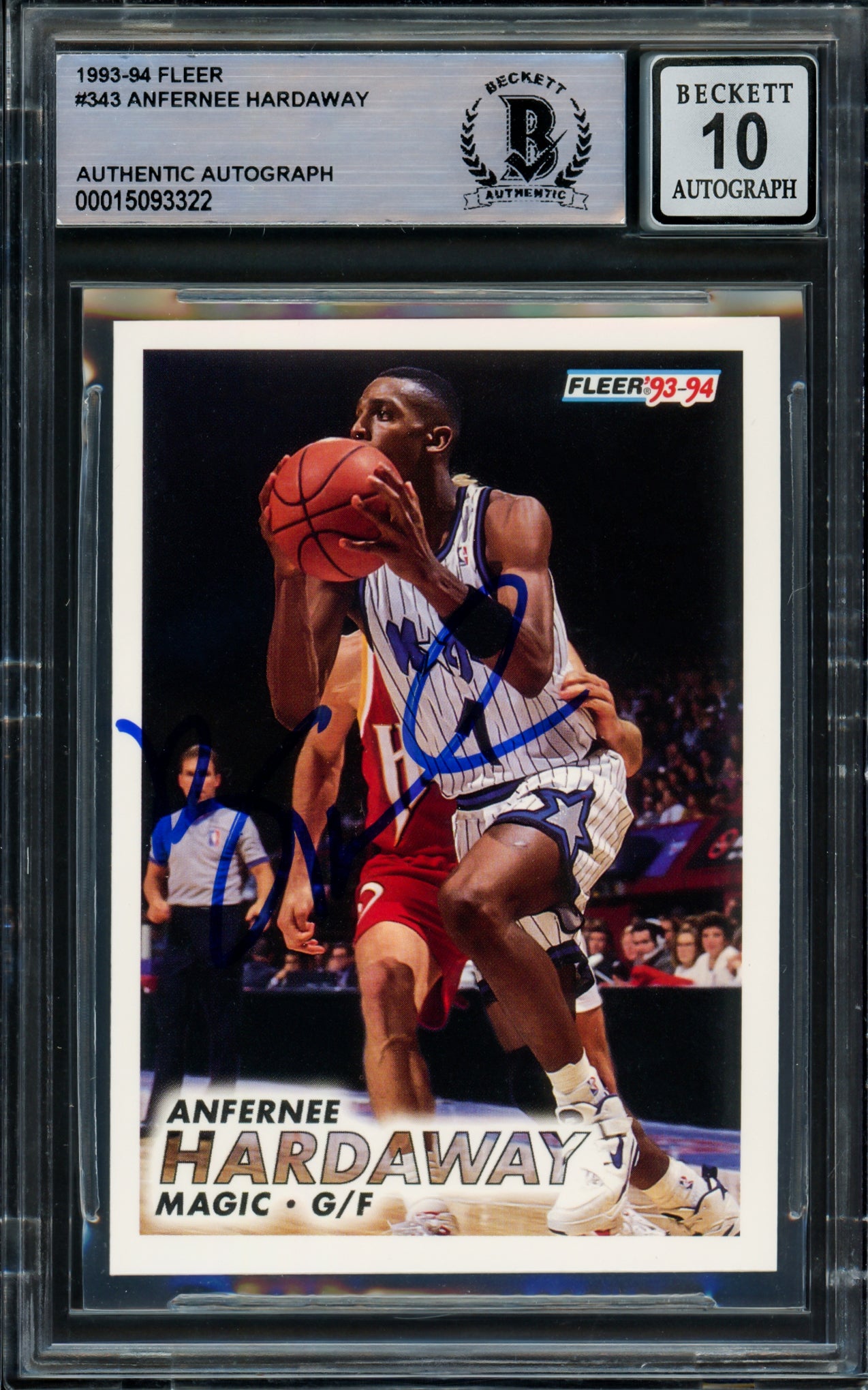 Anfernee Hardaway Autographed 1993-94 Fleer Rookie Card #343 Orlando Magic Auto Grade Gem Mint 10 Beckett BAS Stock #211046