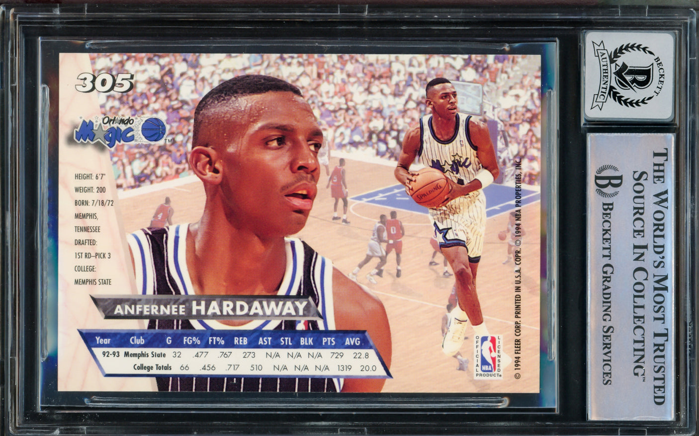 Anfernee Hardaway Autographed 1993-94 Fleer Ultra Rookie Card #305 Orlando Magic Auto Grade Gem Mint 10 Beckett BAS Stock #211047
