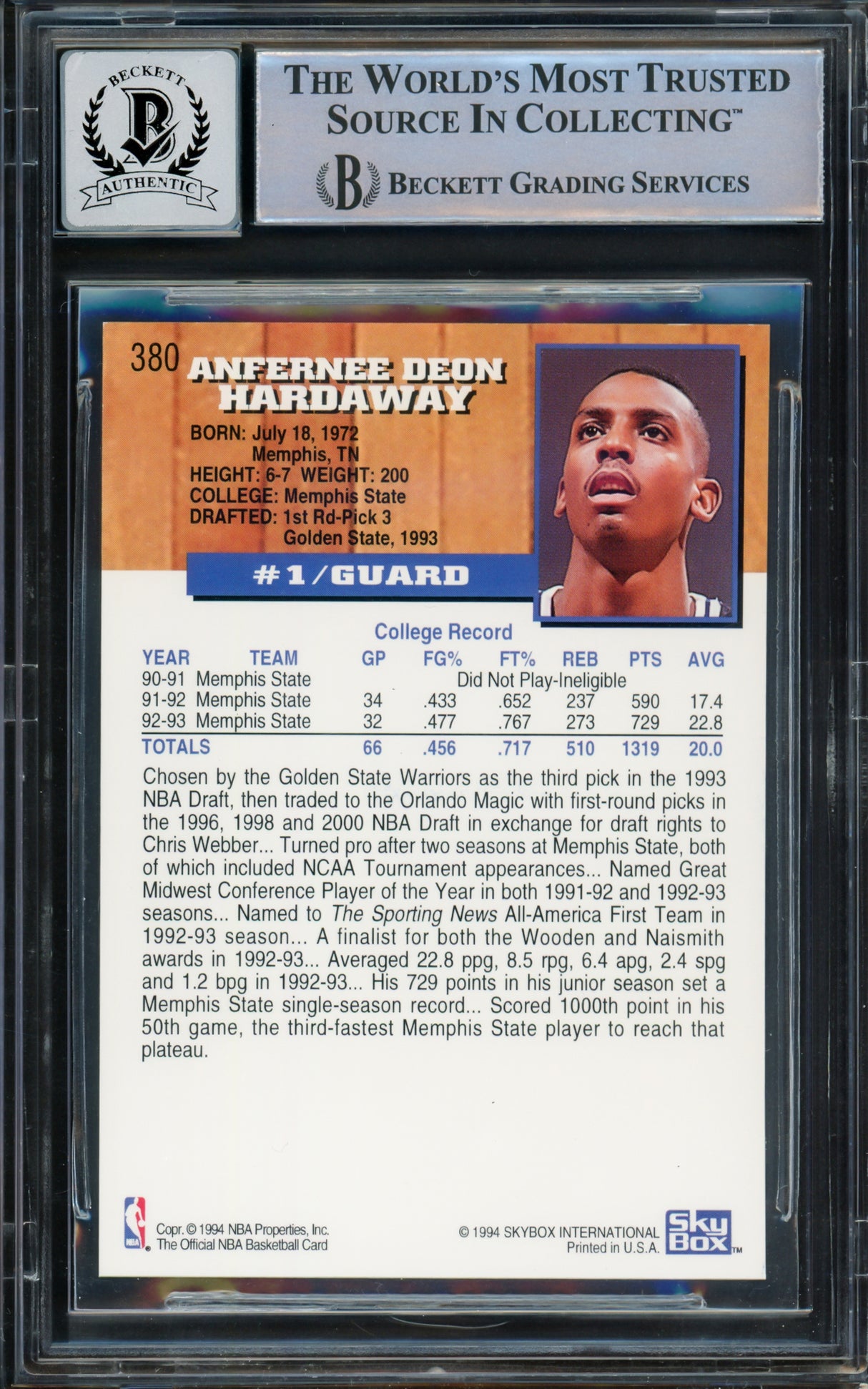Anfernee Hardaway Autographed 1993-94 Hoops Rookie Card #380 Orlando Magic Auto Grade Gem Mint 10 Beckett BAS Stock #211048