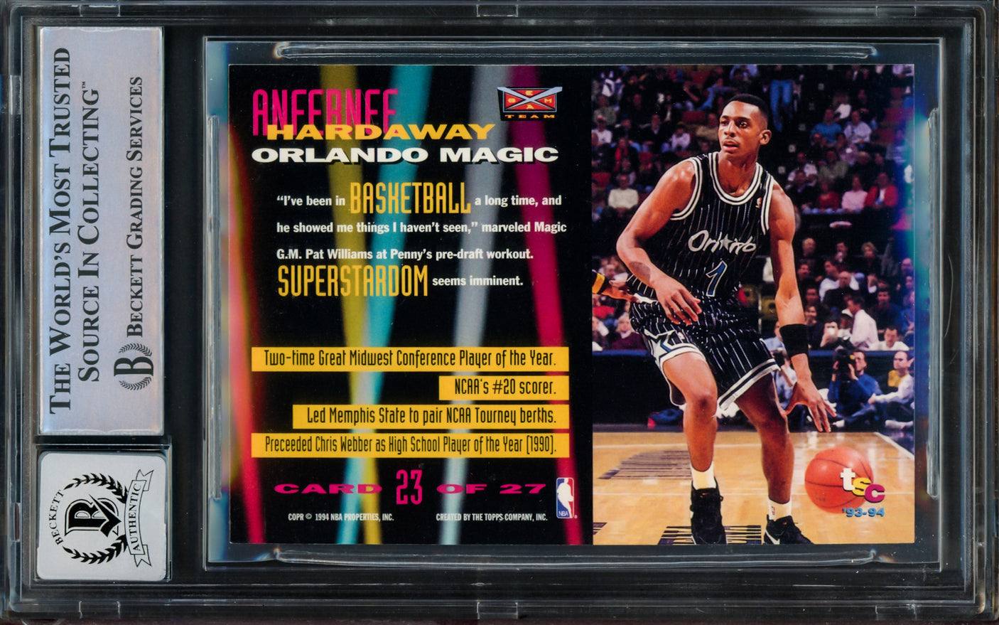 Anfernee Hardaway Autographed 1993-94 Stadium Club Beam Team Rookie Card #23 Orlando Magic Auto Grade Gem Mint 10 Beckett BAS Stock #211049