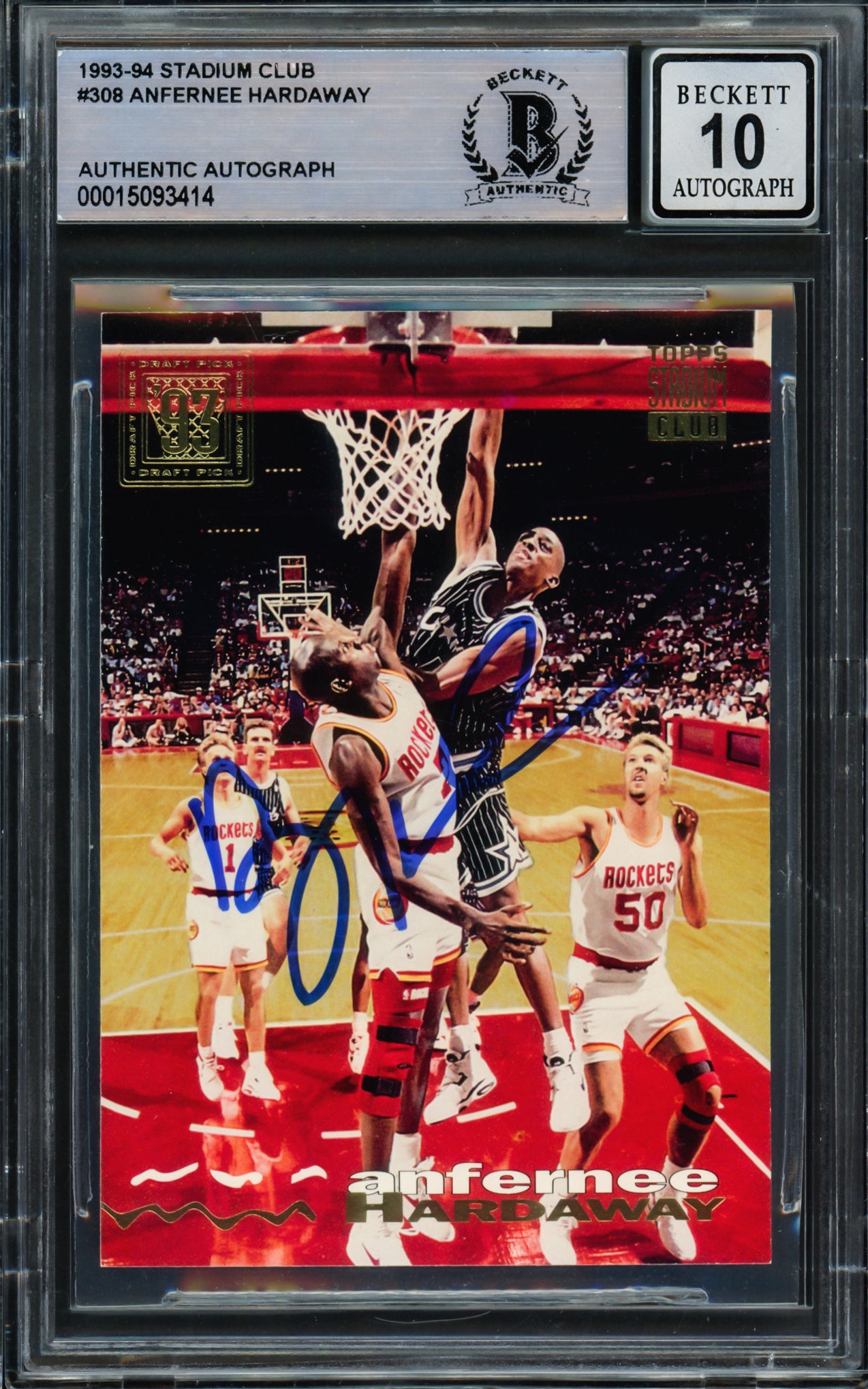 Anfernee Hardaway Autographed 1993-94 Stadium Club Rookie Card #308 Orlando Magic Auto Grade Gem Mint 10 Beckett BAS Stock #211050