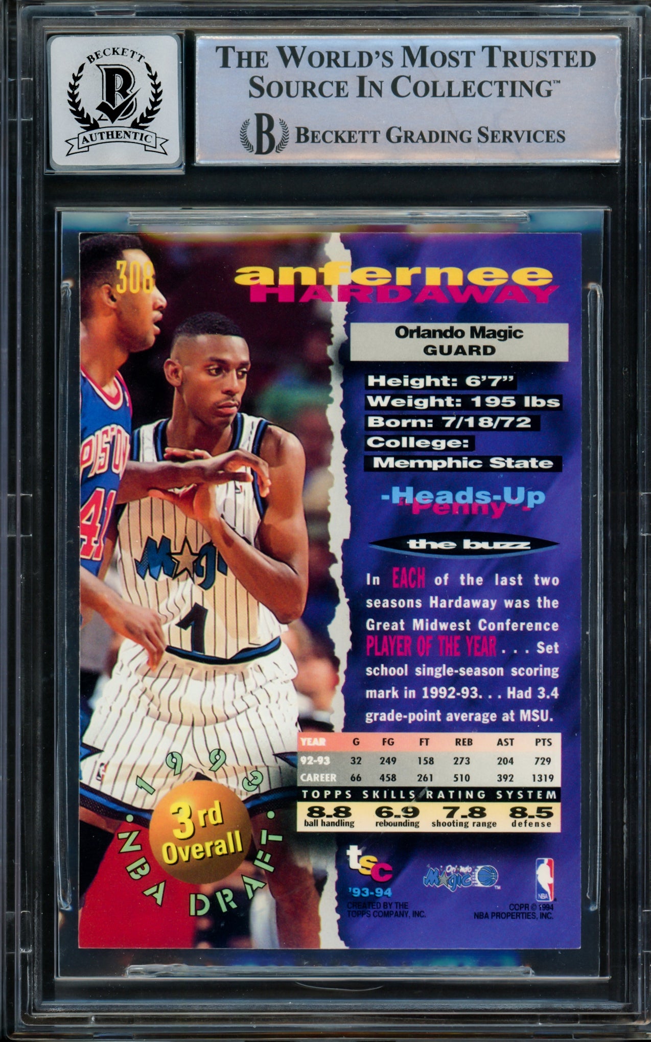 Anfernee Hardaway Autographed 1993-94 Stadium Club Rookie Card #308 Orlando Magic Auto Grade Gem Mint 10 Beckett BAS Stock #211050