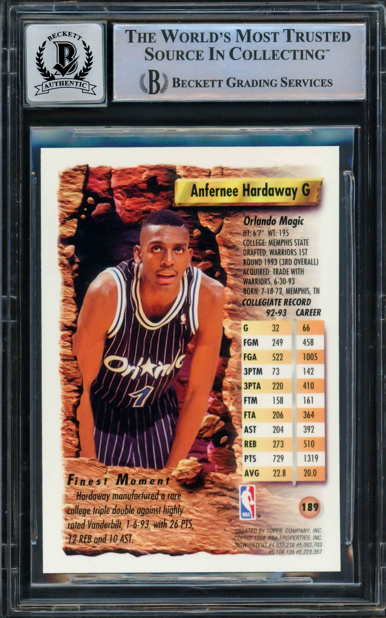 Anfernee Hardaway Autographed 1993-94 Topps Finest Rookie Card #189 Orlando Magic Auto Grade Gem Mint 10 Beckett BAS Stock #211052