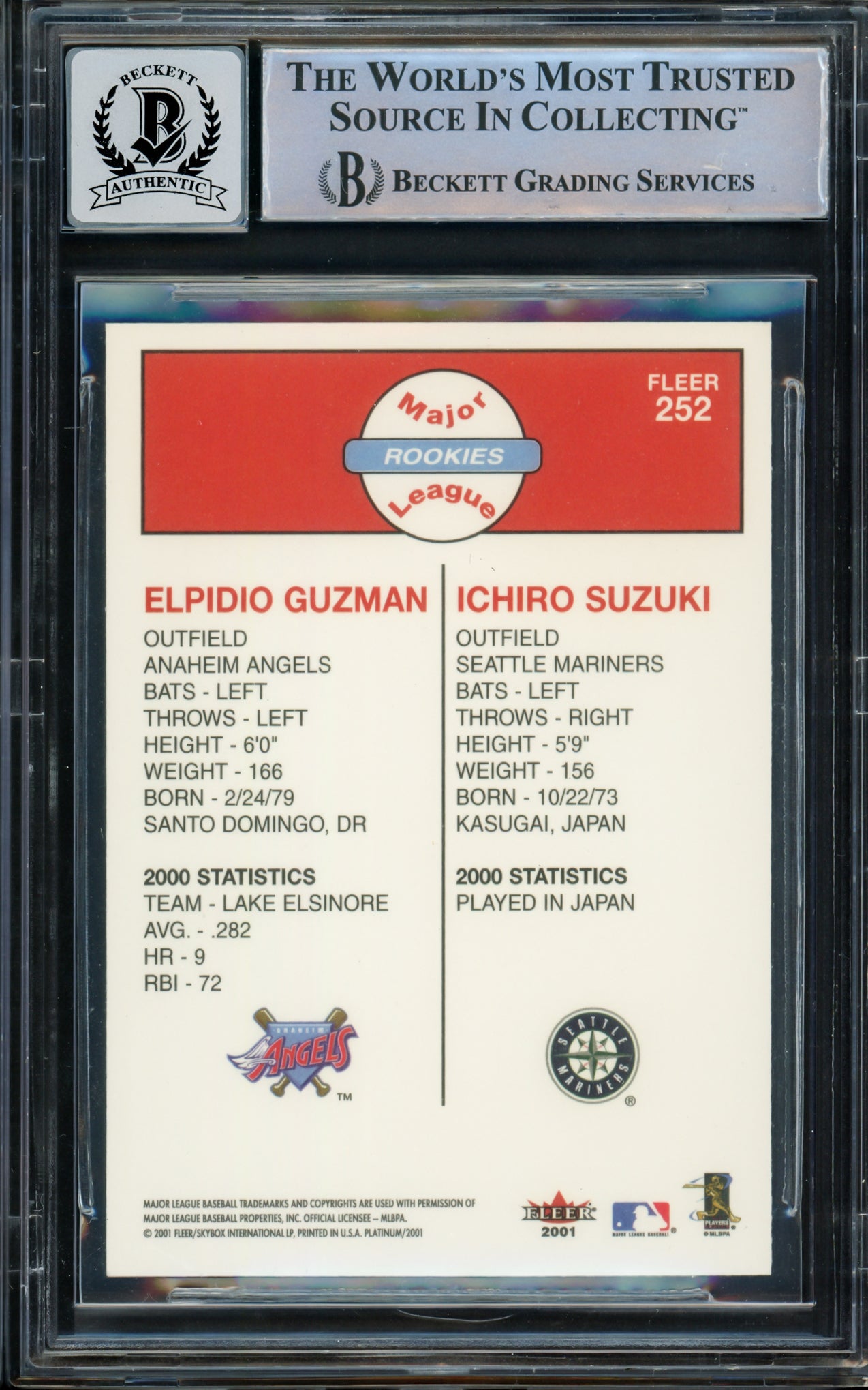 Ichiro Suzuki Autographed 2001 Fleer Platinum Rookie Card #252 Seattle Mariners Auto Grade Gem Mint 10 Beckett BAS Stock #211054
