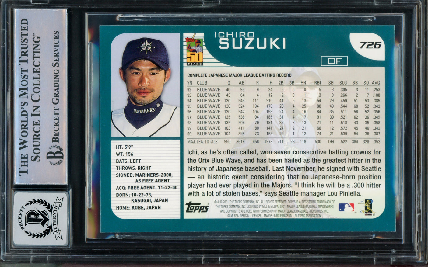 Ichiro Suzuki Autographed 2001 Topps Rookie Card #726 Seattle Mariners Auto Grade Gem Mint 10 Beckett BAS Stock #211055