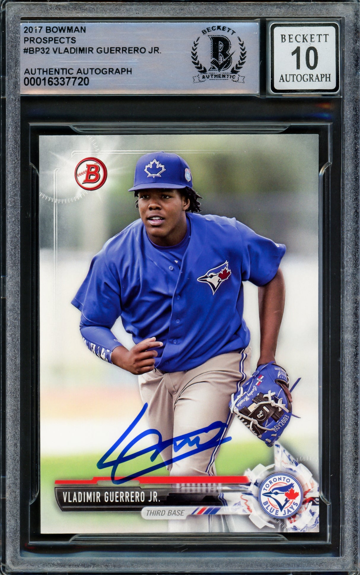 Vladimir Guerrero Jr. Autographed 2017 Bowman Prospects Rookie Card #BP32 Toronto Blue Jays Auto Grade Gem Mint 10 Beckett BAS Stock #222855