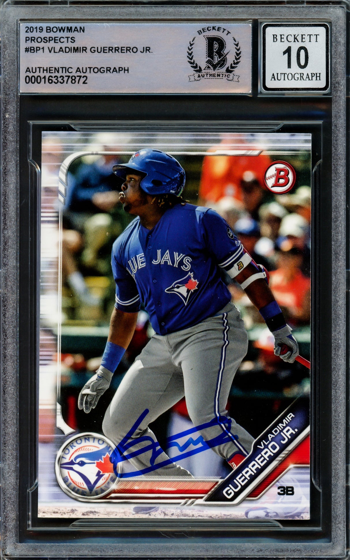 Vladimir Guerrero Jr. Autographed 2019 Bowman Prospects Rookie Card #BP1 Toronto Blue Jays Auto Grade Gem Mint 10 Beckett BAS Stock #222856
