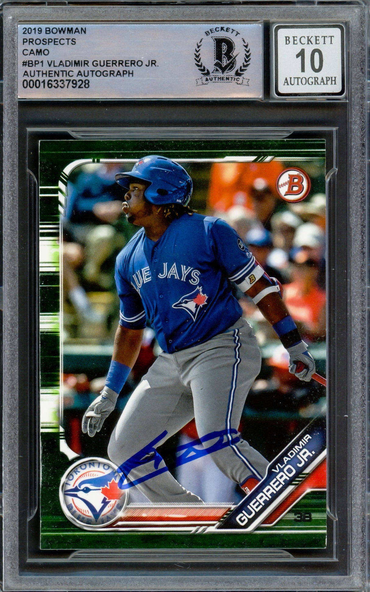 Vladimir Guerrero Jr. Autographed 2019 Bowman Prospects Green Rookie Card #BP1 Toronto Blue Jays Auto Grade Gem Mint 10 Beckett BAS Stock #222857